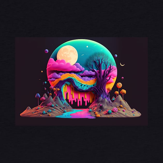 Spooky Full Moon Psychedelic Landscape - Paint Dripping 3D Illustration - Colorful Haunted Nature Scene by JensenArtCo